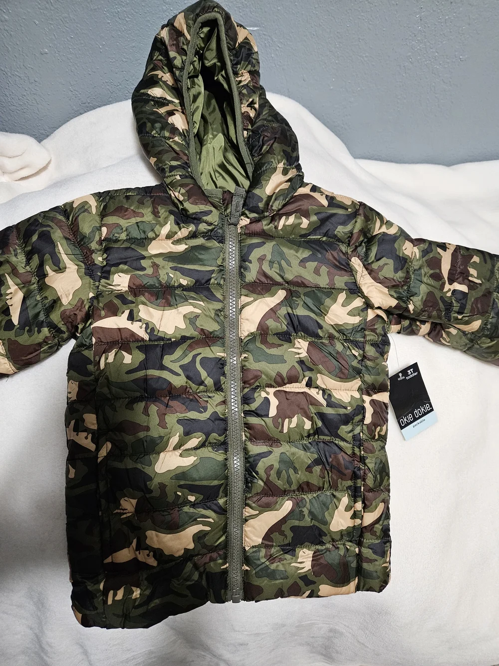 Kids Camouflage Puffer Jacket with Hood - Green/Brown